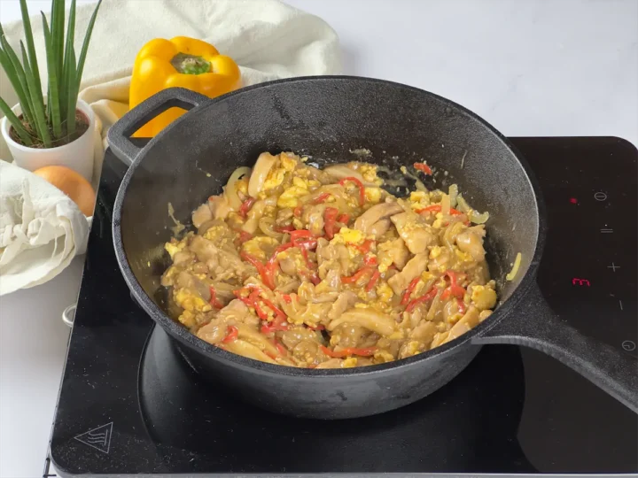 Keto Pad Thai Recipe cooked in a cast iron pan.