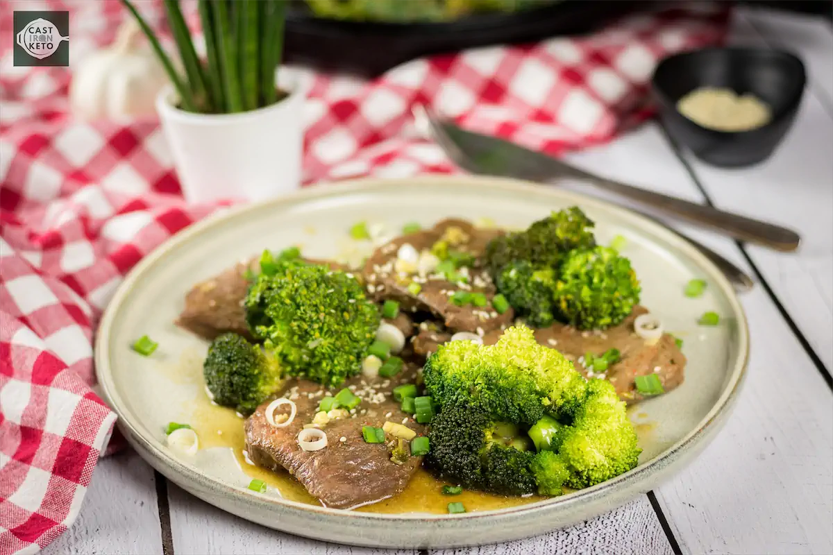 Homemade beef and broccoli dish on a plate.