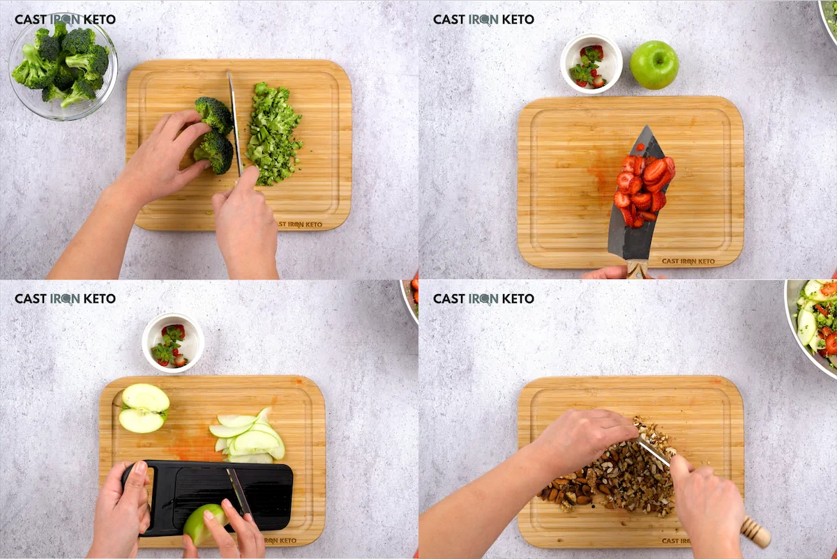 Chopping broccoli, strawberries, apple, almonds, and walnut on a chopping board.