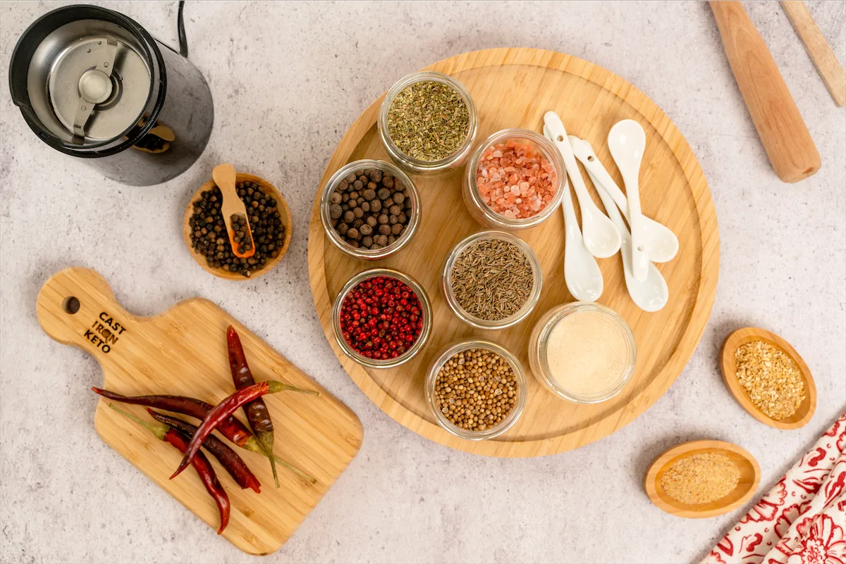 A homemade keto taco seasoning recipe items, showcasing its vibrant colors and aromatic ingredients.