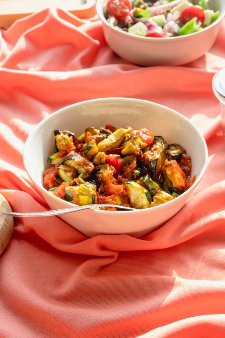 Fried eggplant, zucchini, and pepper recipe.