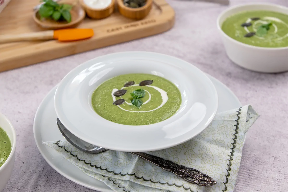 Cucumber Gazpacho served on table.