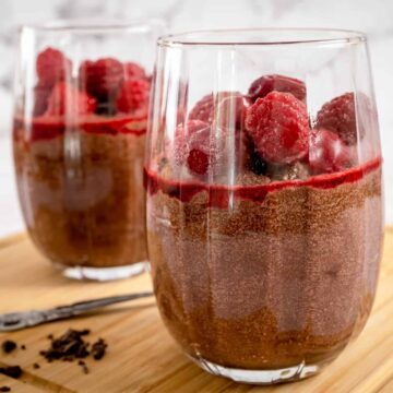Keto Dark Chocolate Mousse With Cashews served in two glasses.