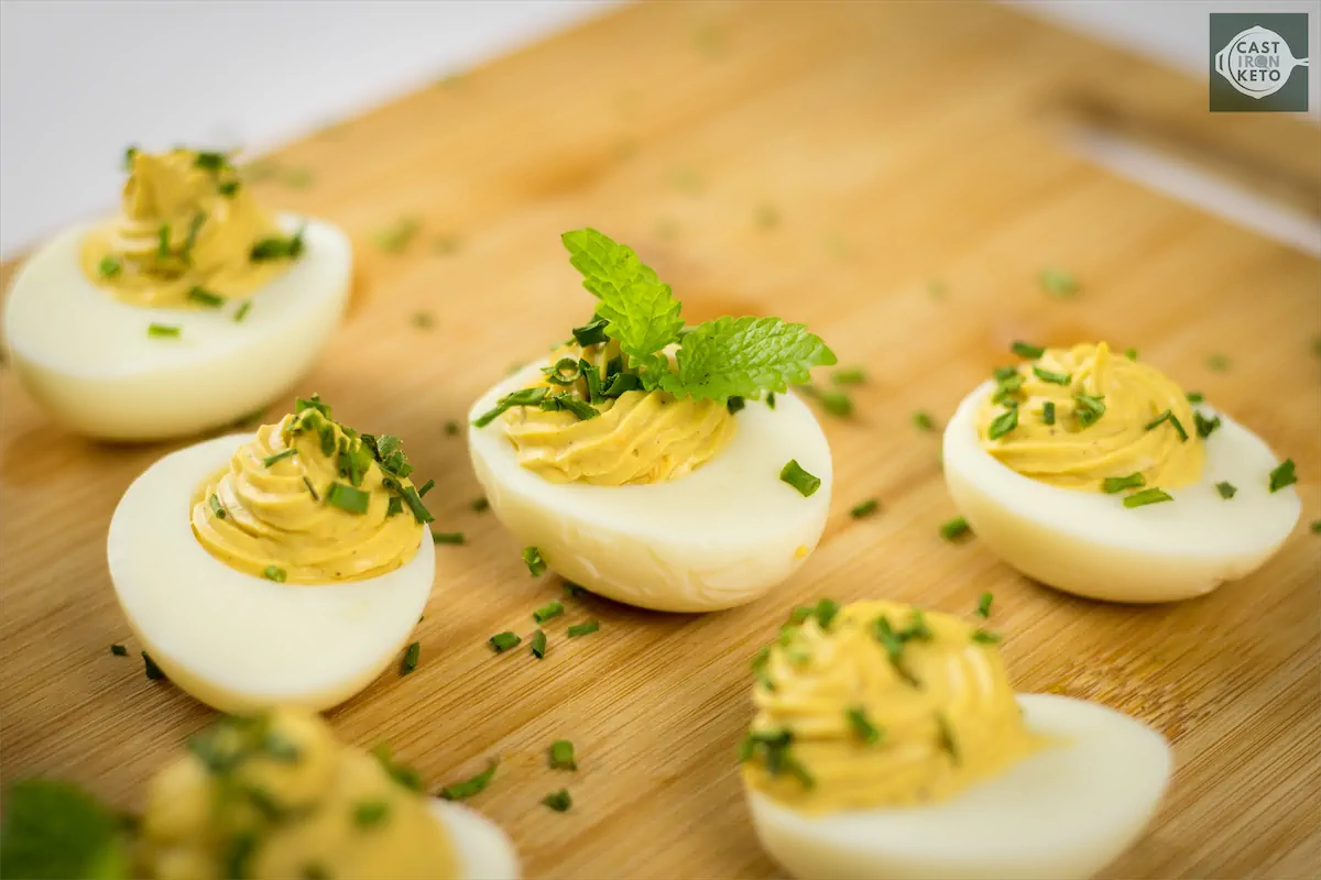 Well decorated keto deviled eggs.