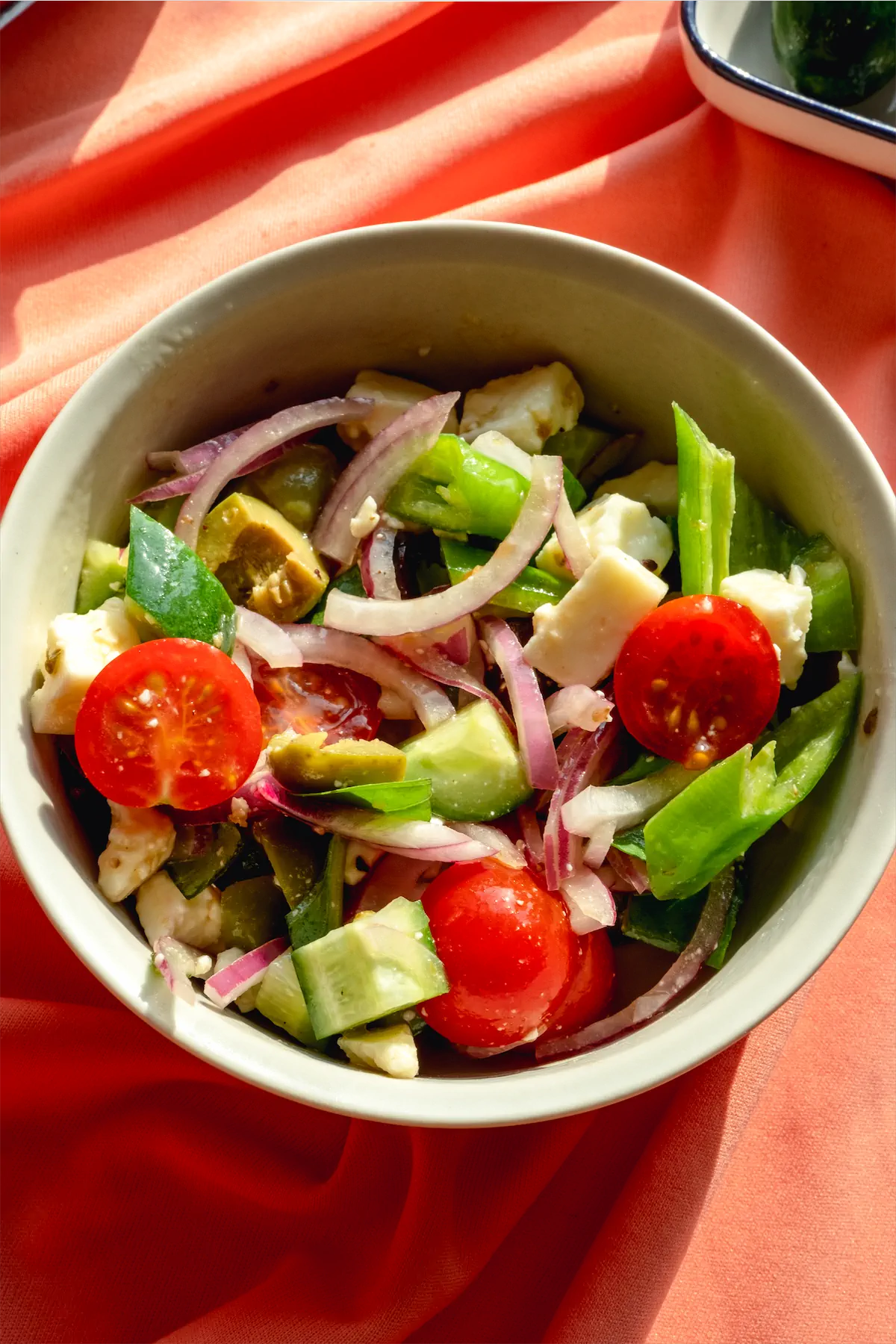 Keto greek salad recipe served in a bowl.
