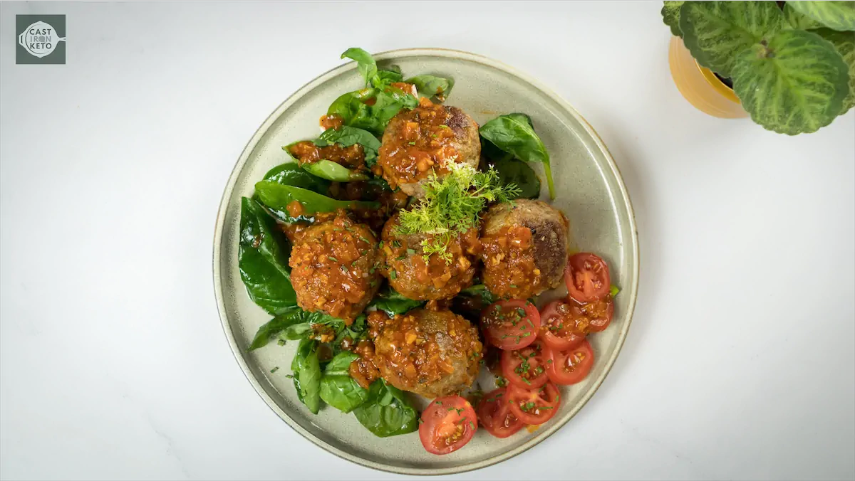 Homemade keto meatballs made from ground pork and beef.