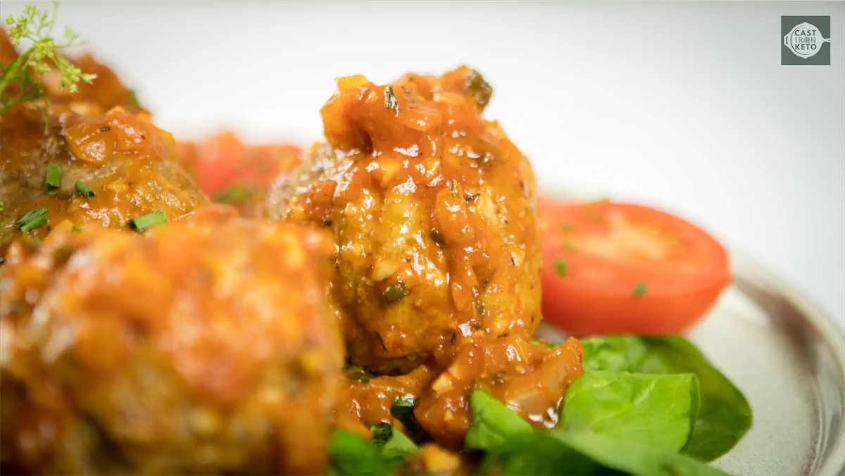 Close up of an Italian meatball recipe served on a plate.