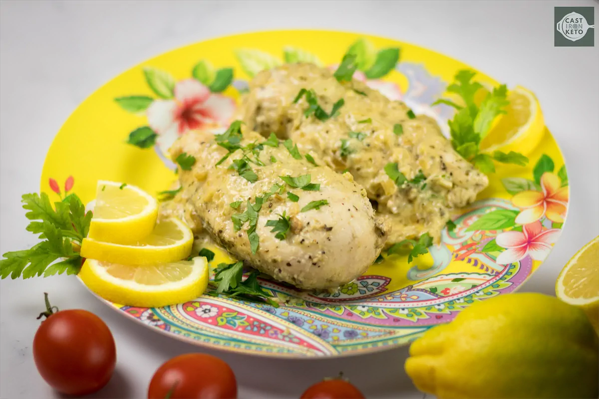 Homemade lemon pepper chicken recipe served on a plate.