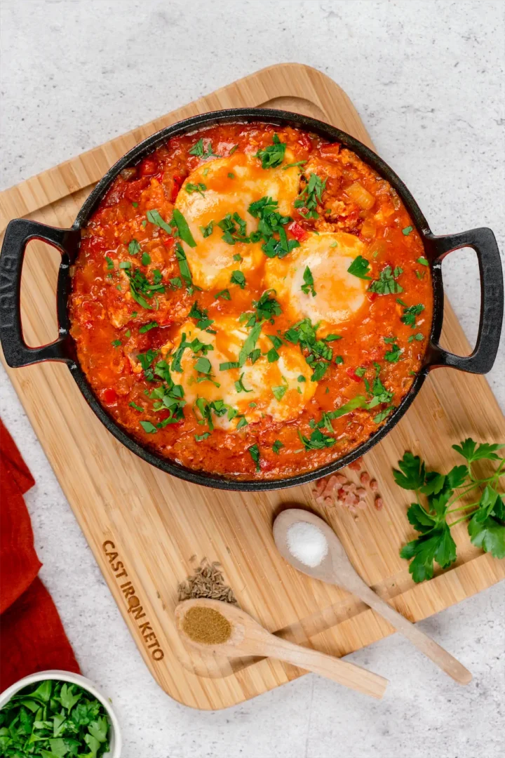Keto friendly Shakshuka dish made with eggs and tomatoes.