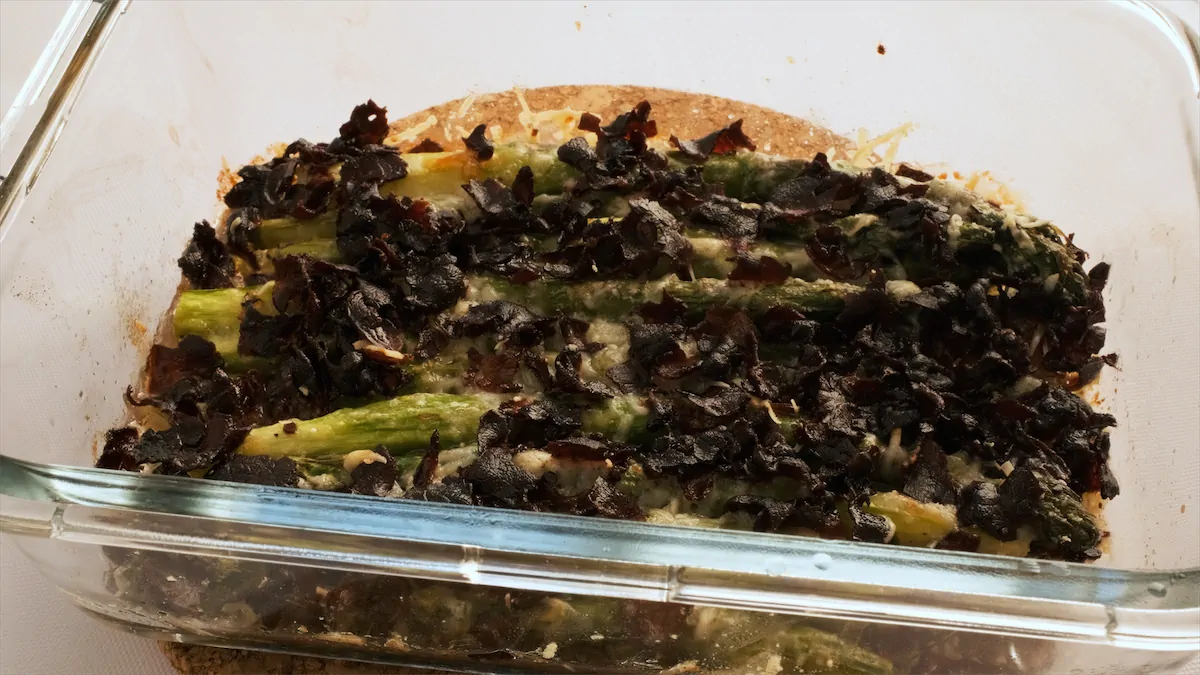 Baked and roasted asparagus with bacon and parmesan recipe.