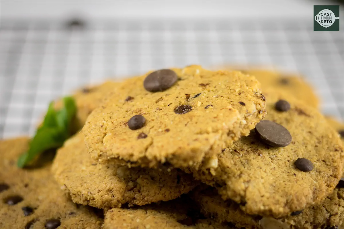 Close up of keto cookies with chocolate chips.