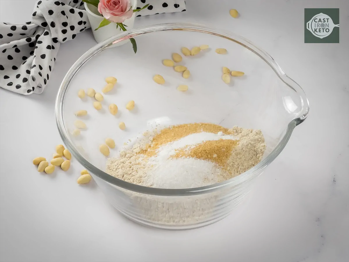 Almond flour, brown Stevia, baking soda, and salt combined in a large bowl.