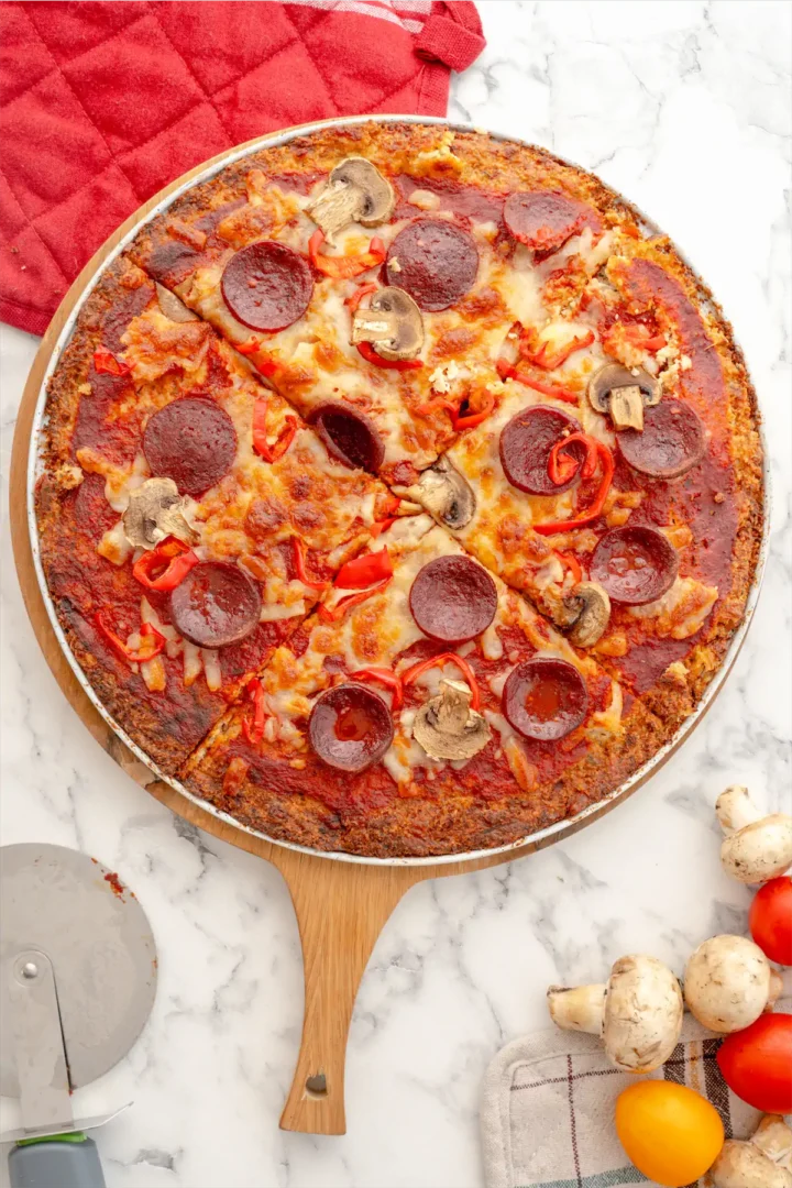 Cauliflower pizza with keto crust.