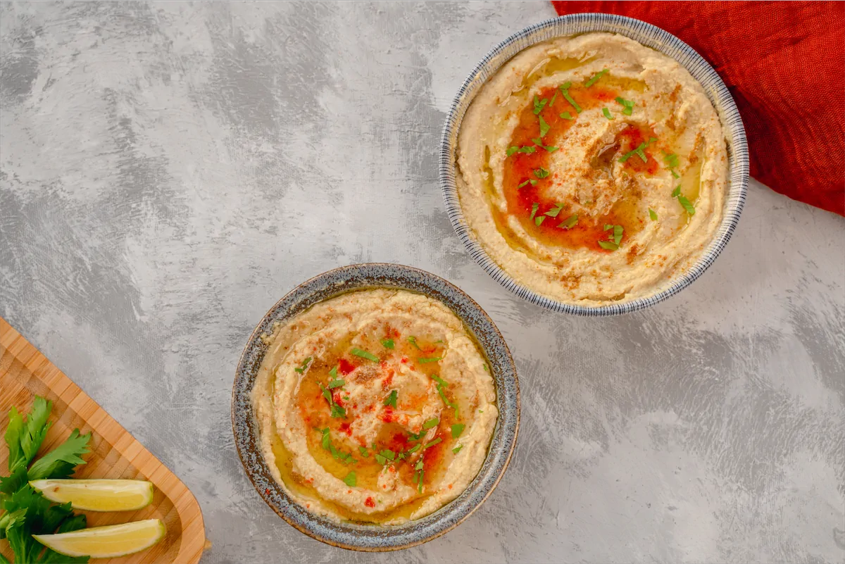 Two bowls of keto hummus recipe.
