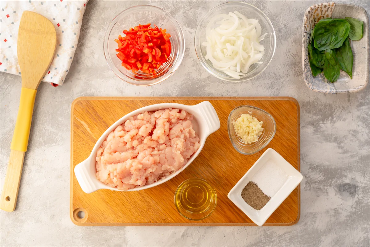 Ingredients made ready on the table for shredded chicken recipe.