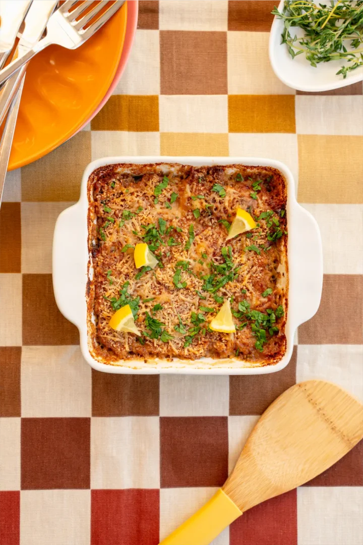 Tuna casserole on a baking dish.