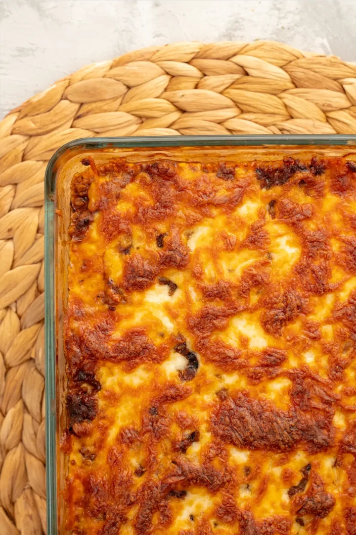 Keto lasagna recipe in a baking dish.