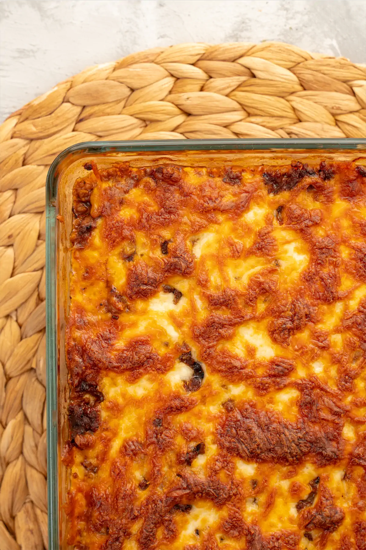 Keto lasagna recipe in a baking dish.