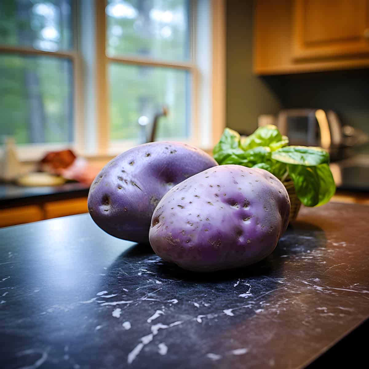 Adirondack Blue Potatoes on a kitchen counter