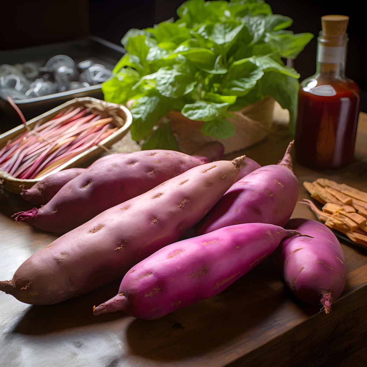 Ayamurasaki Sweet Potatoes on a kitchen counter