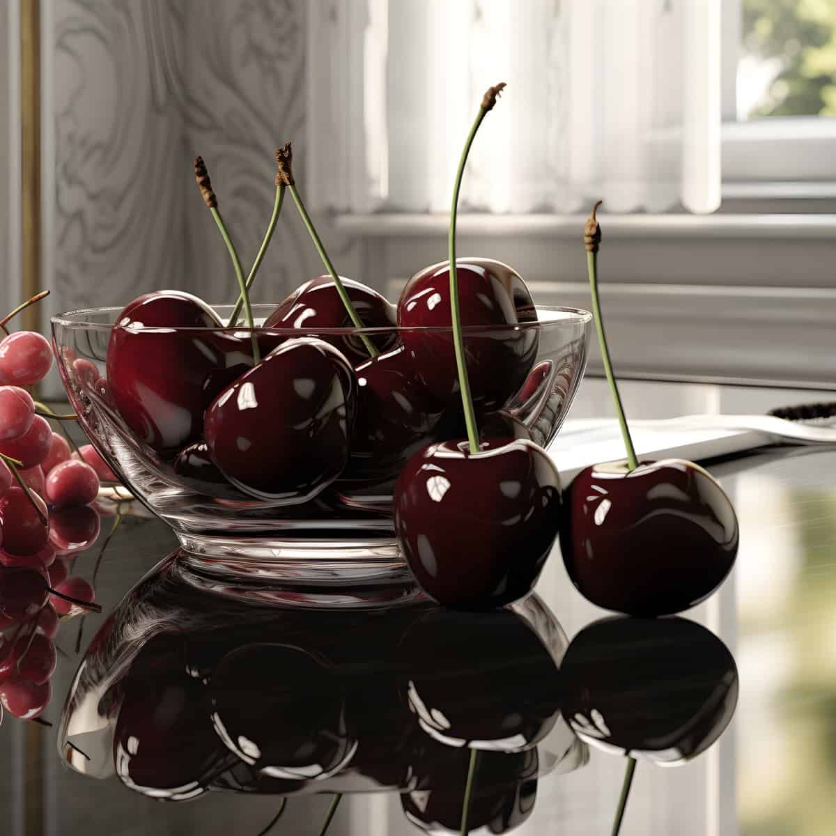 Black Cherries on a kitchen counter