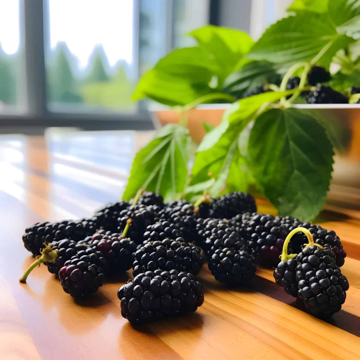 Black Mulberries on a kitchen counter