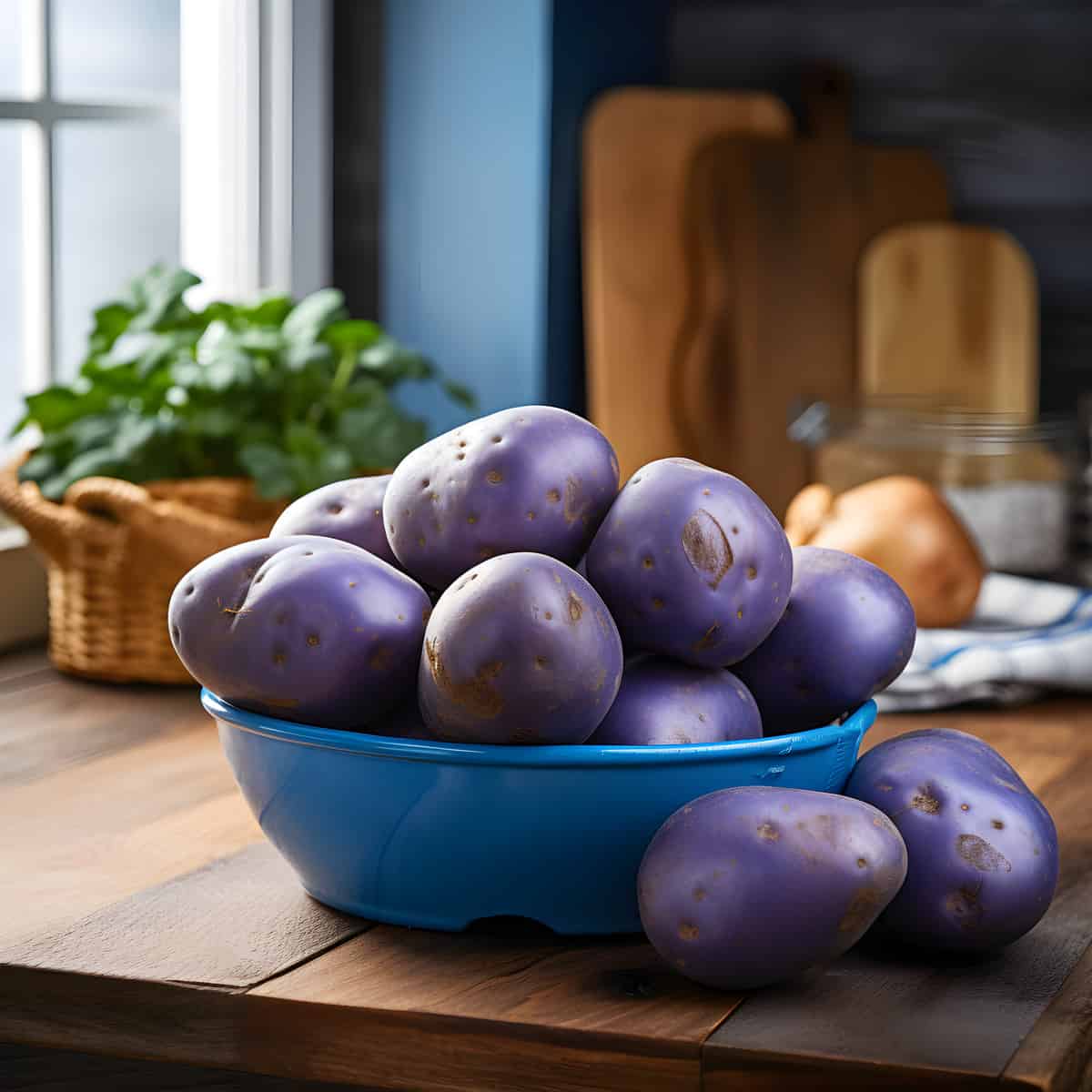 Blaue Uttenwill Potatoes on a kitchen counter