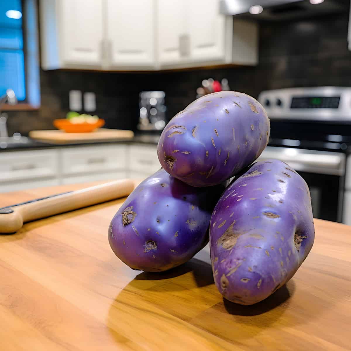 Blue Congo Potatoes on a kitchen counter