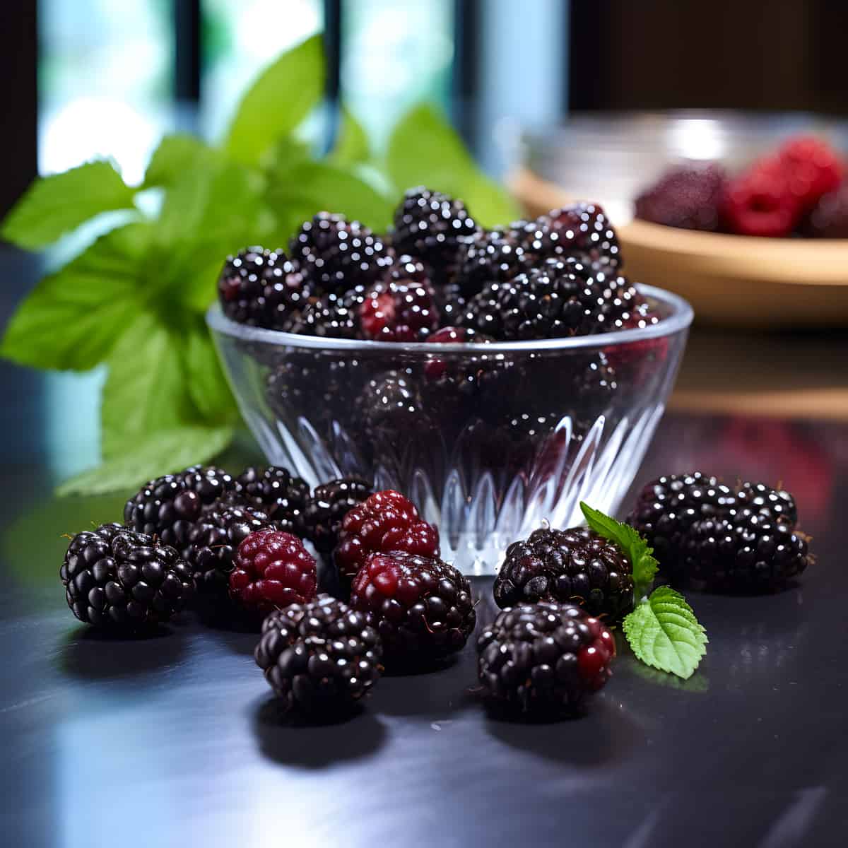 Boysenberries on a kitchen counter