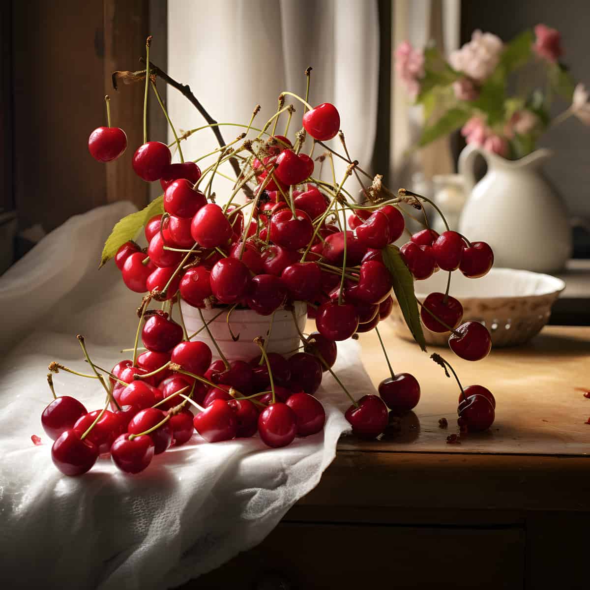 Brush Cherries on a kitchen counter