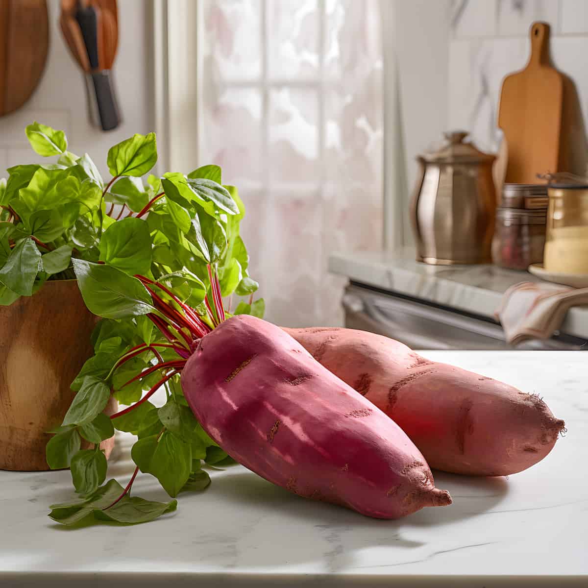 Carolina Ruby Sweet Potatoes on a kitchen counter