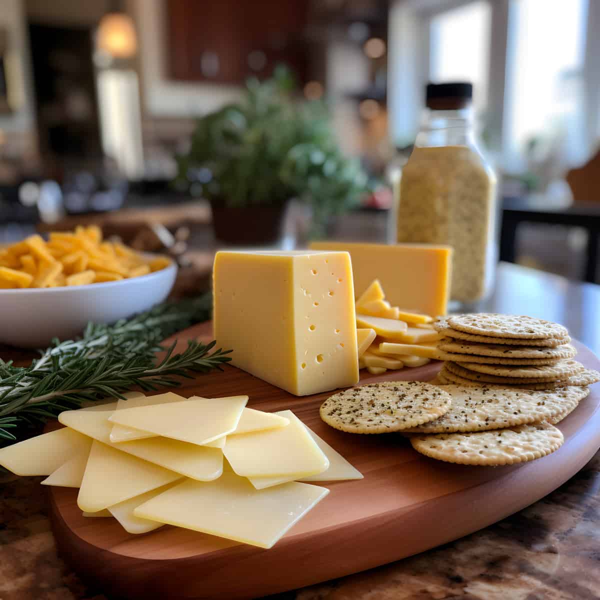 Cheese And Crackers on a kitchen counter