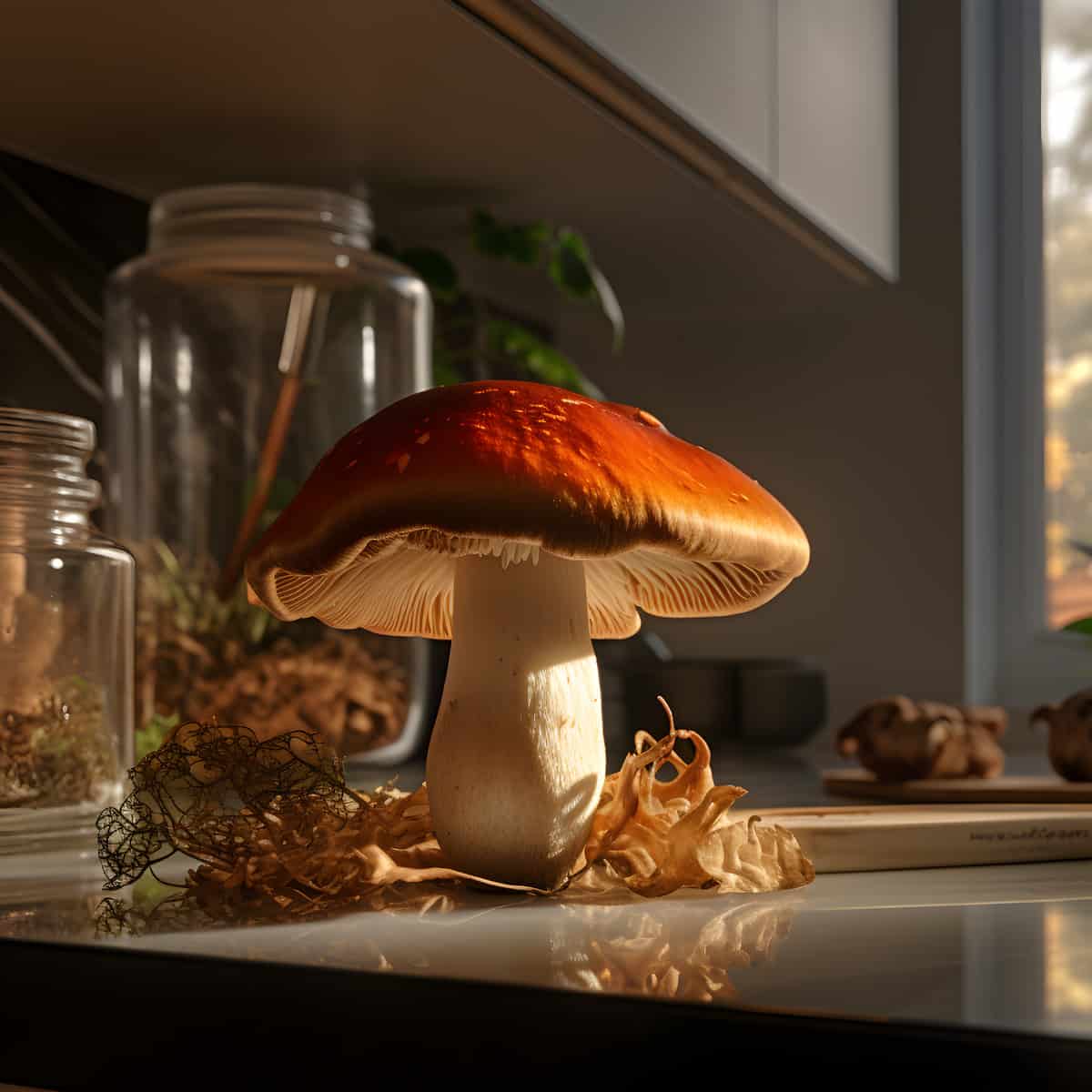 Chestnut Mushrooms on a kitchen counter
