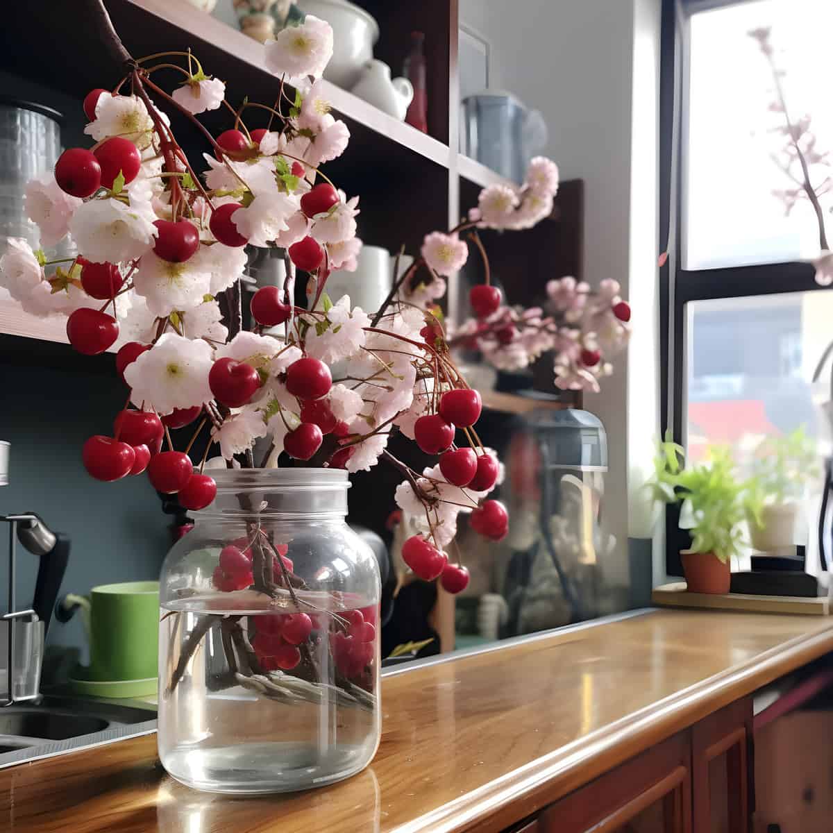 Chinese Bush Cherries on a kitchen counter