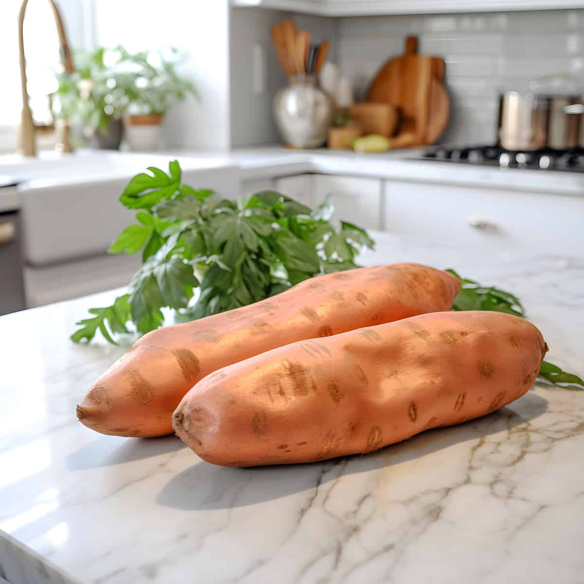 Coppergold Sweet Potatoes on a kitchen counter