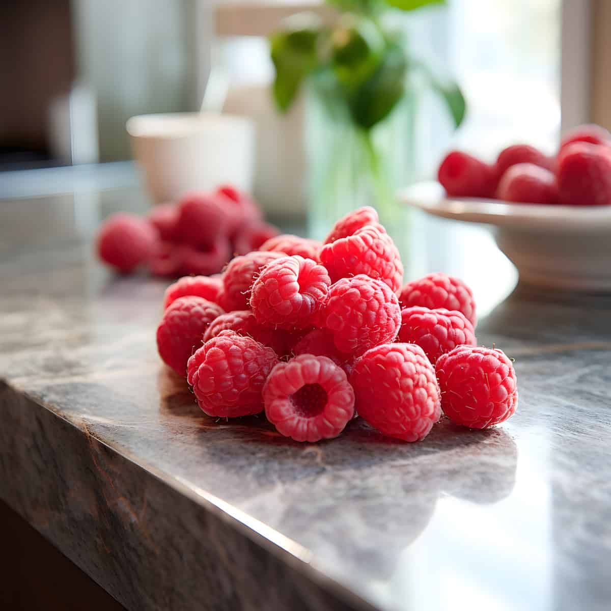 Delicious Raspberries on a kitchen counter