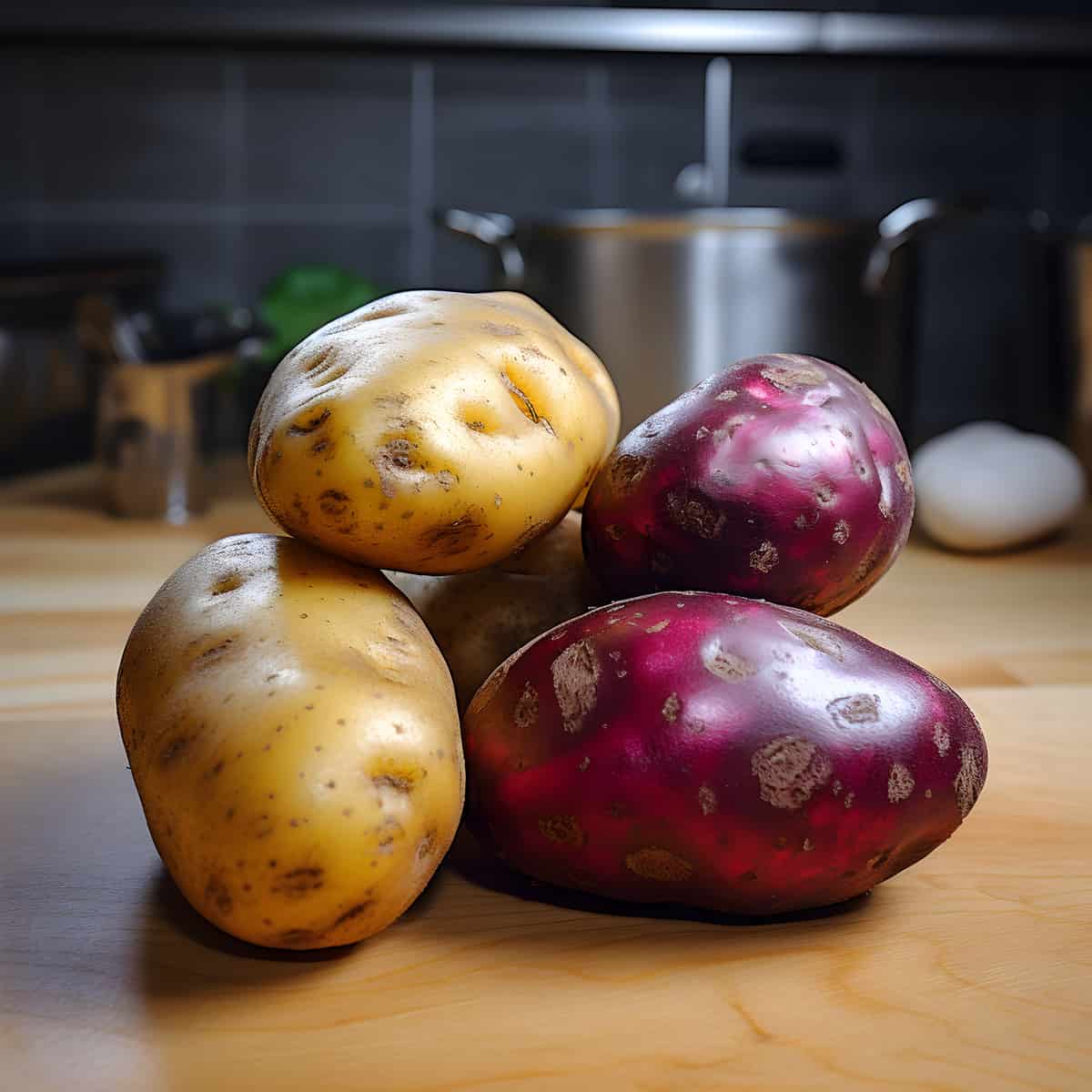 Dos Color Potatoes on a kitchen counter