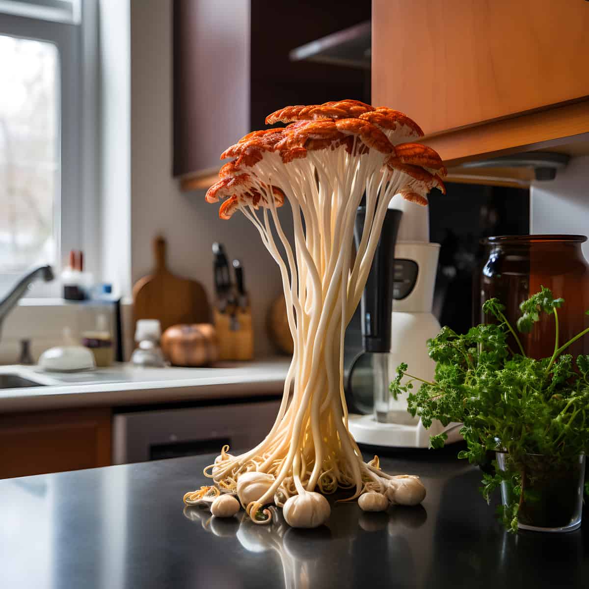 Enoki Mushrooms on a kitchen counter