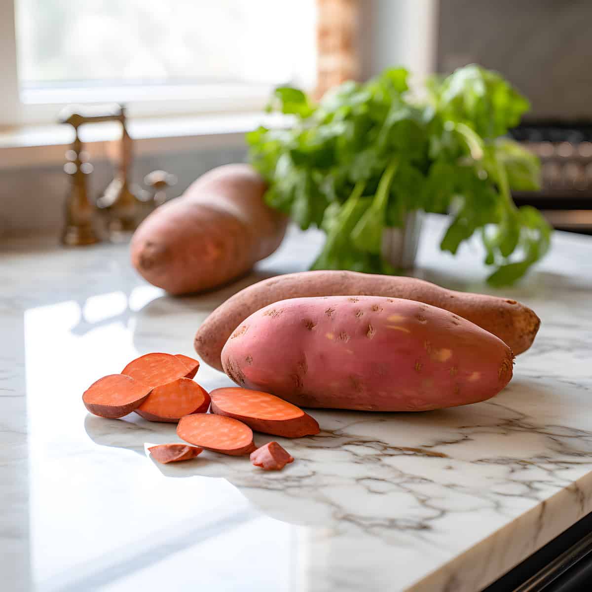 Garnet Sweet Potatoes on a kitchen counter