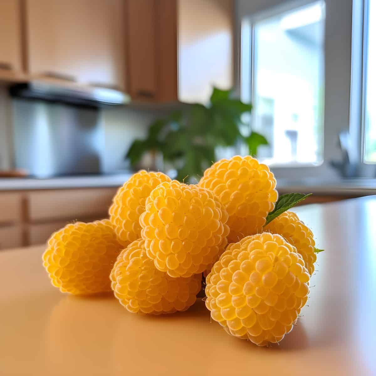 Golden Himalayan Raspberries on a kitchen counter