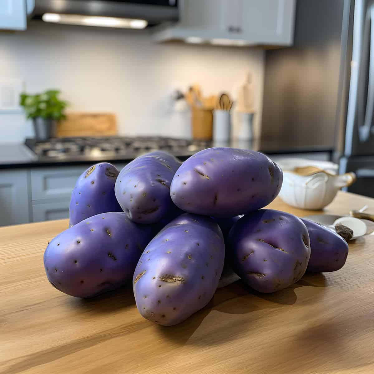 Hermanns Blaue Potatoes on a kitchen counter