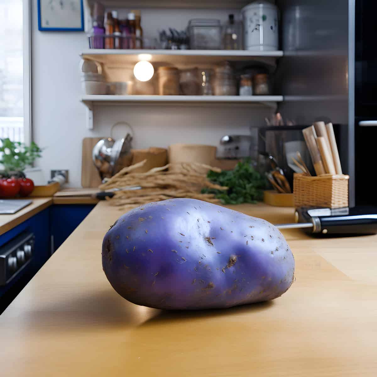 Holtgaster Blaue Potatoes on a kitchen counter