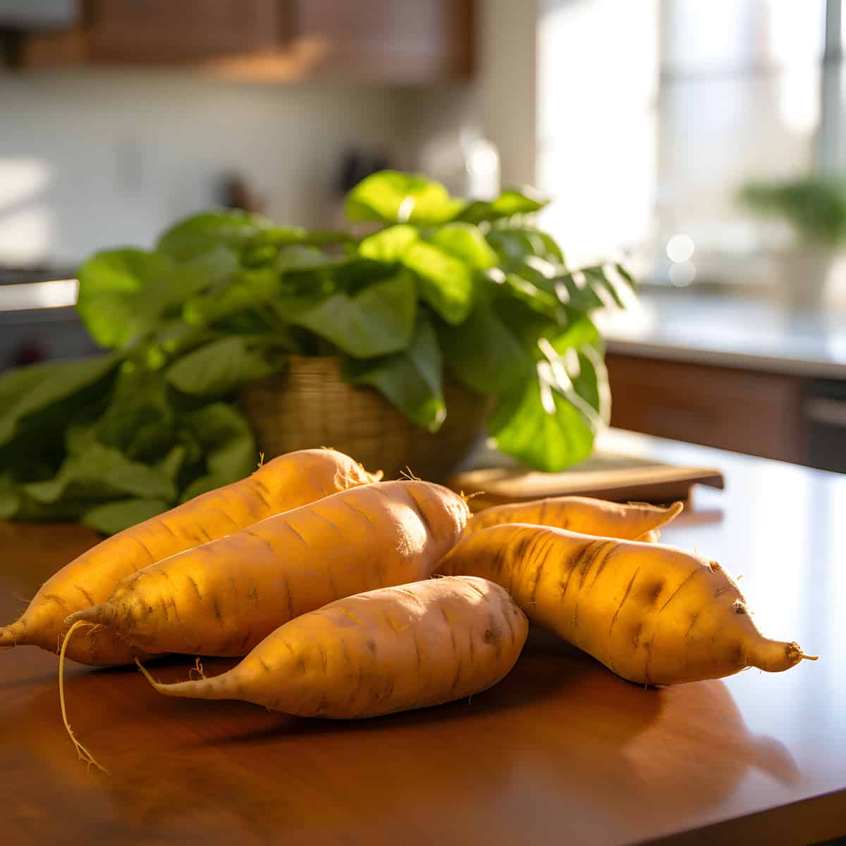 Hoolehua Gold Sweet Potatoes on a kitchen counter