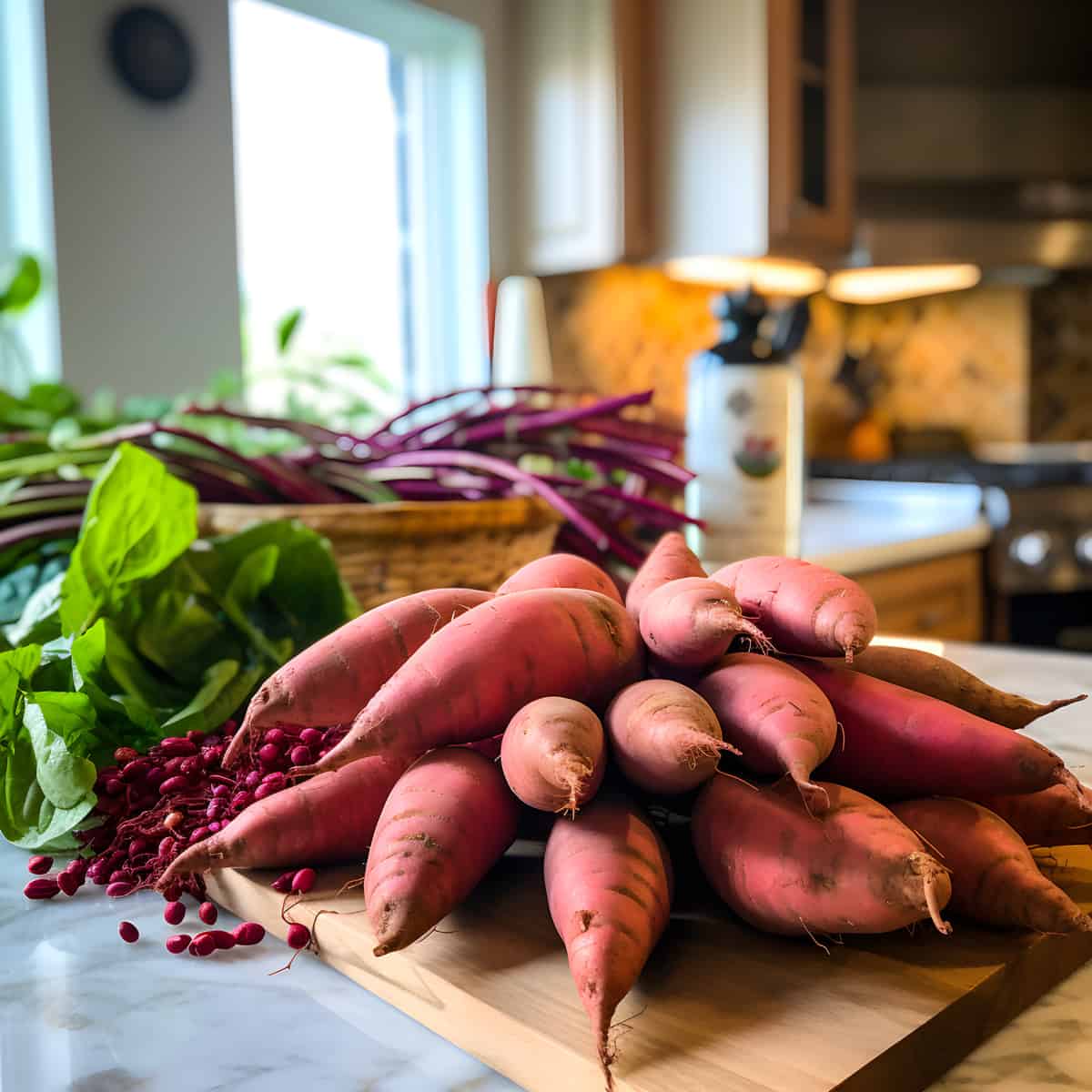 Hoolehua Red Sweet Potatoes on a kitchen counter