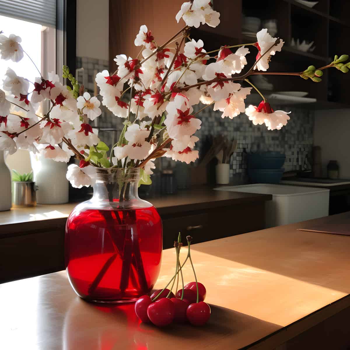Japanese Bush Cherries on a kitchen counter
