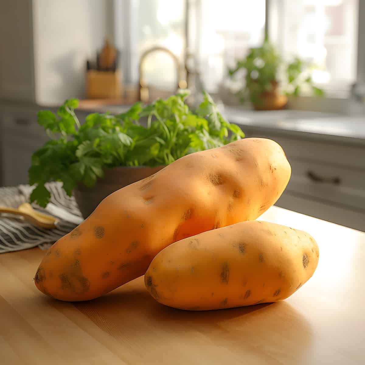 Jersey Yellow Sweet Potatoes on a kitchen counter