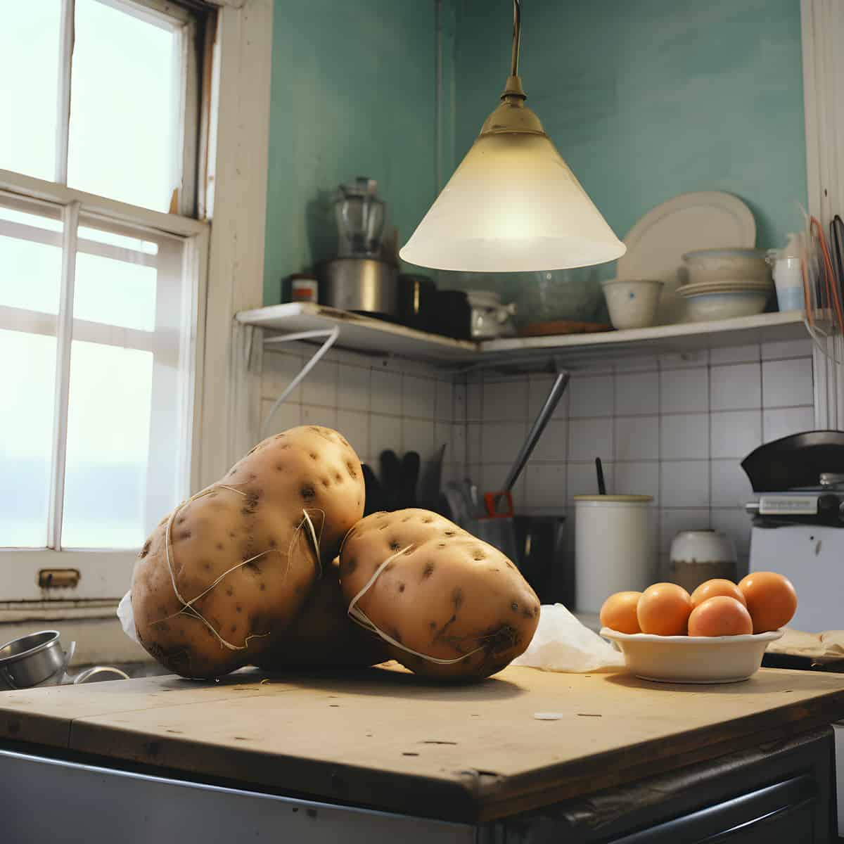 Linda Potatoes on a kitchen counter