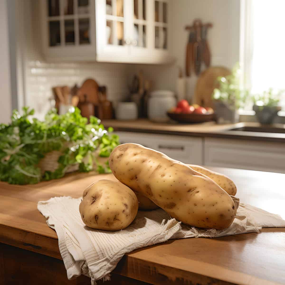 Norgold Russet Potatoes on a kitchen counter