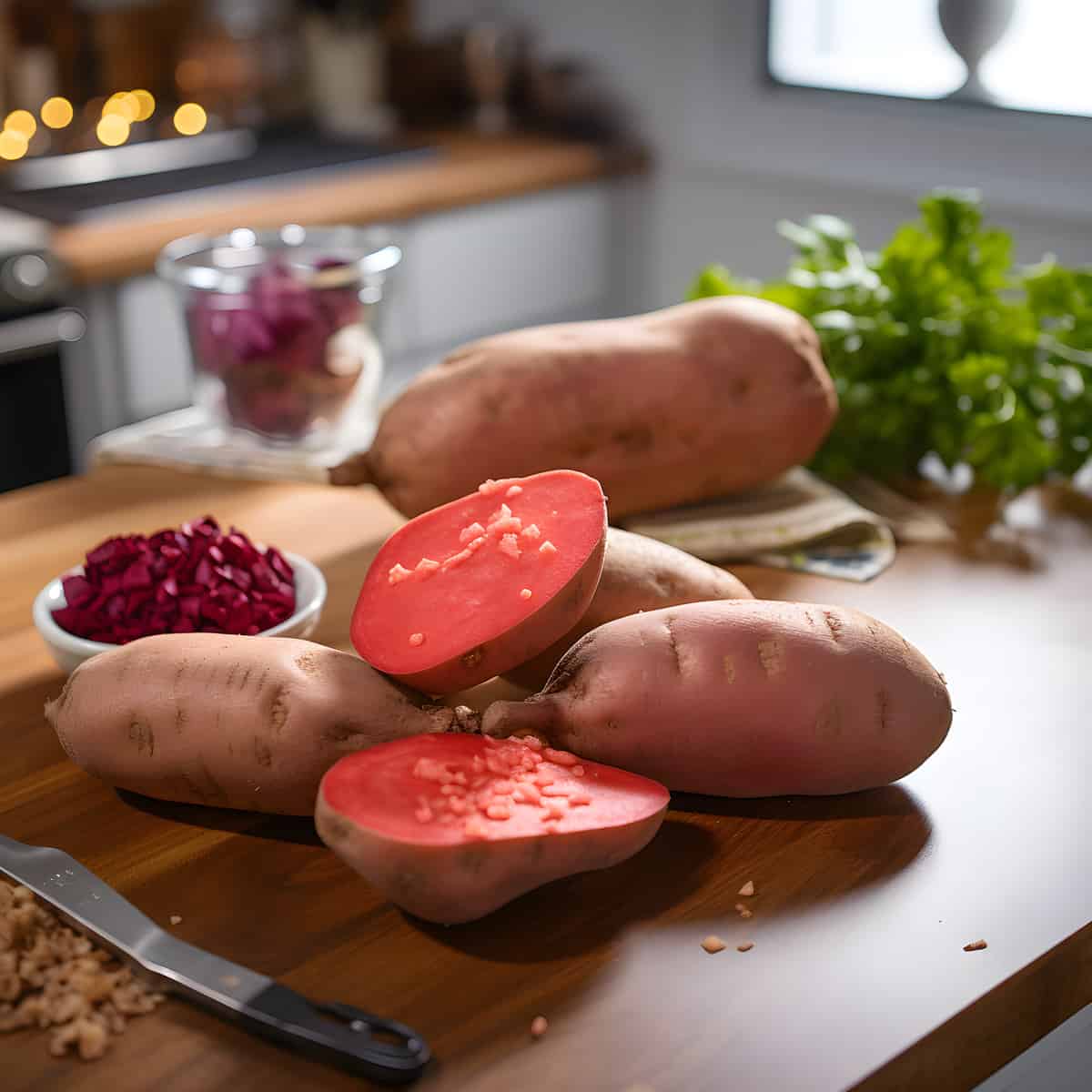 Oklamex Red Sweet Potatoes on a kitchen counter