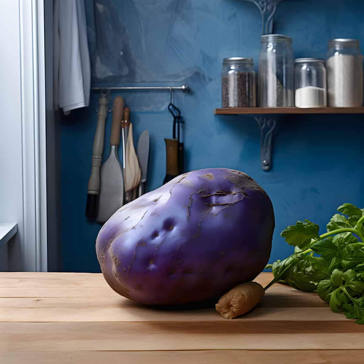 Oldenburger Blaue Potatoes on a kitchen counter